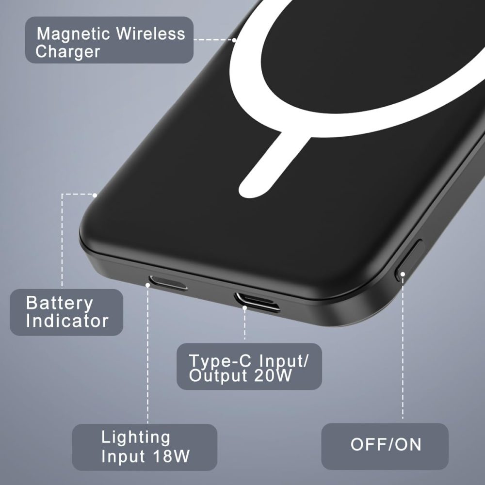 podoru for Magsafe Battery Pack, 5000mAh Magnetic Power Bank with Type-C Cable 20W PD Fast Charging Lighting Input Wireless Portable Charger for iPhone 16/15/14/13/12/ All Series-Black - Image 5