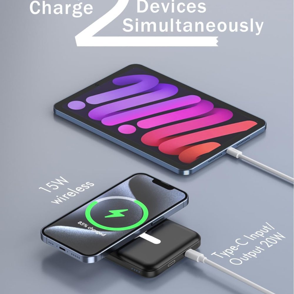 podoru for Magsafe Battery Pack, 5000mAh Magnetic Power Bank with Type-C Cable 20W PD Fast Charging Lighting Input Wireless Portable Charger for iPhone 16/15/14/13/12/ All Series-Black - Image 6